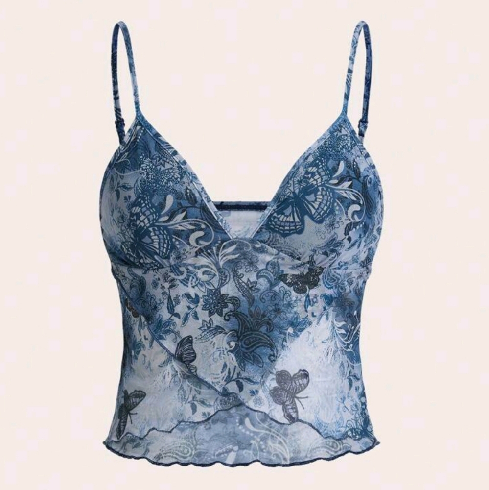 🦋Blue Butterfly Print Mesh Tank Top W/Lined Bust & Asymmetric Lettuce Trim (S)